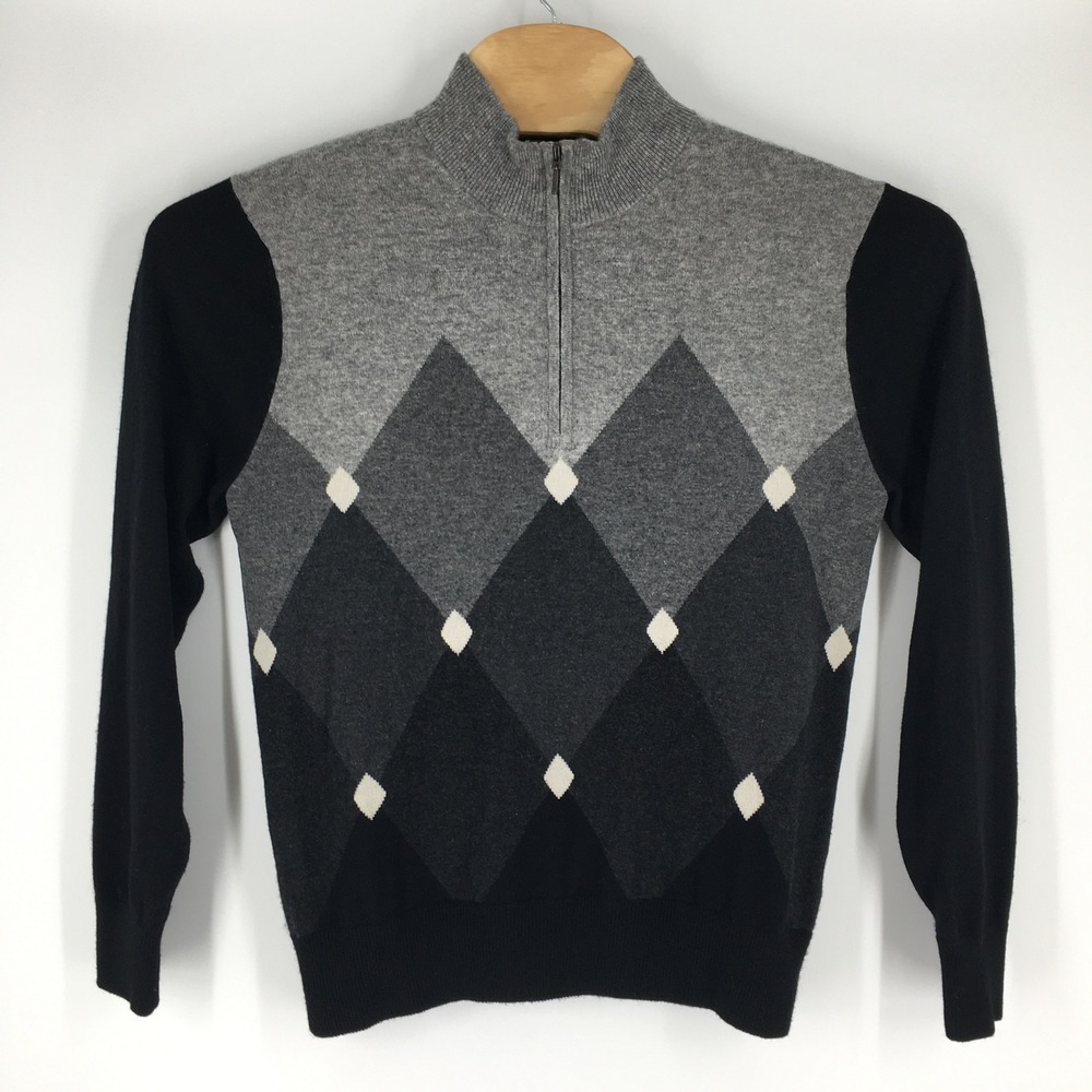 Bullock‎ & Jones Mens MediuM Argyle Quarter Zip Sweater 100% Cashmere Gray Black - Picture 2 of 7